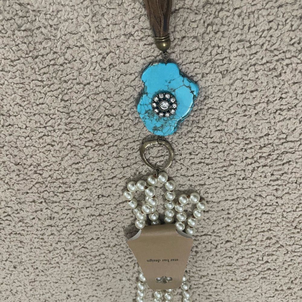 Star Bar pearl and turquoise slab necklace.